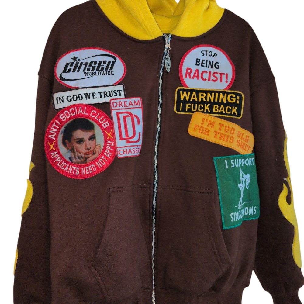 Brown Hoodie with Yellow Hood and Patches